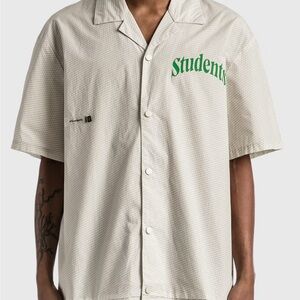 Casual Cream Button-Down Shirt with Green Logo